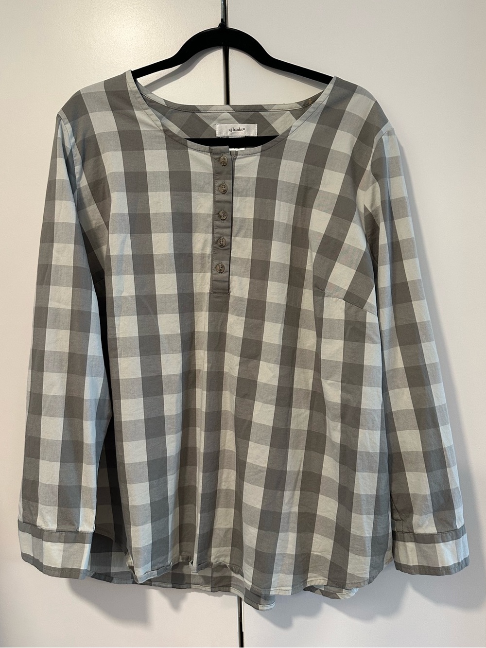 Women's Grayish Green Plaid Henley Shirt - Casual Long Sleeve